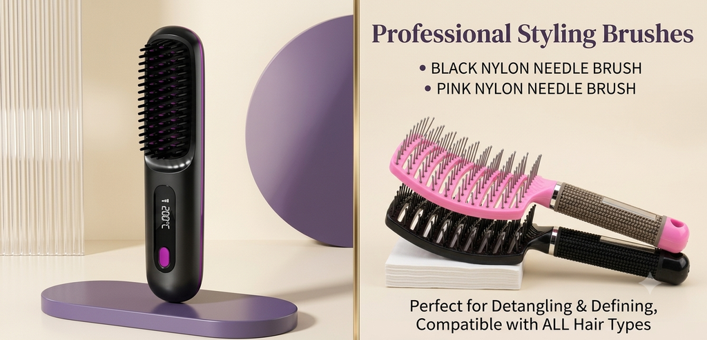 2-in-1 Wireless Hair Straightening Brush & Hair Curler | USB Rechargeable Fast Heating Hot Comb