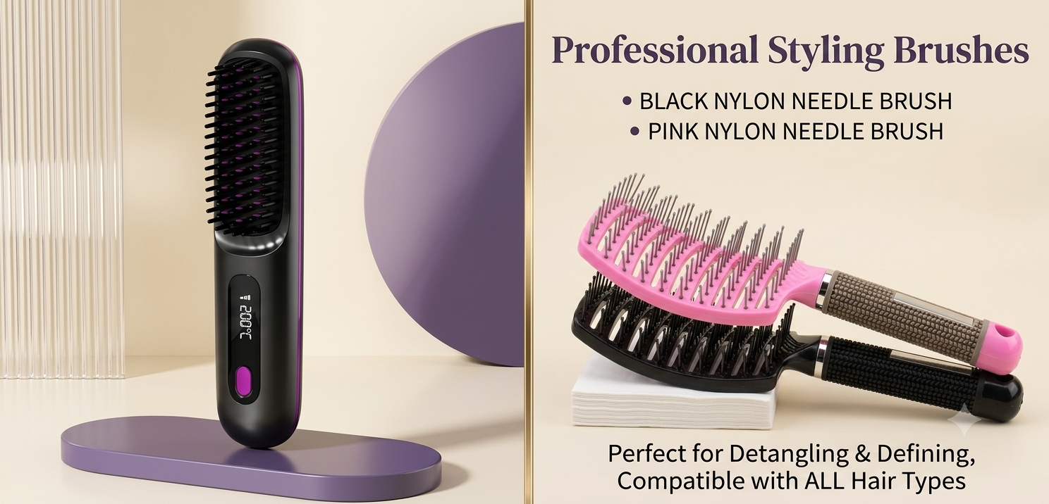 2-in-1 Wireless Hair Straightening Brush & Hair Curler | USB Rechargeable Fast Heating Hot Comb