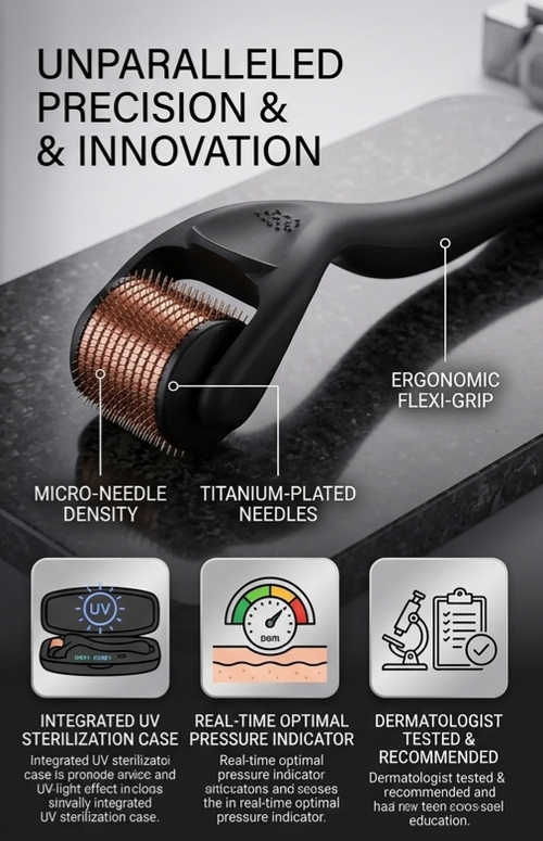 Titanium Derma Roller for Face, Hair, Scalp & Beard | 540 Microneedle Skin Care Tool (0.25mm–3.0mm)